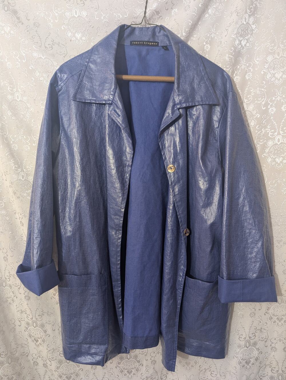 Vintage Robert Krugman Waxed Linen Jacket L Coated Glazed Blue Duster Shacket